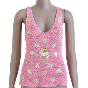 Embroidered Pink Knitted Tank Top Women’s Sleeveless Knit Boho‎ Summer Top Small
